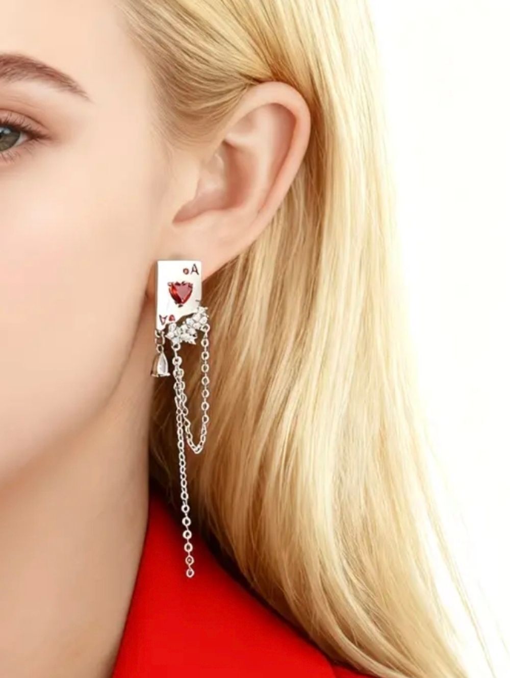Ace Of Hearts Silver Playing Cards Tassel Dangling Earrings